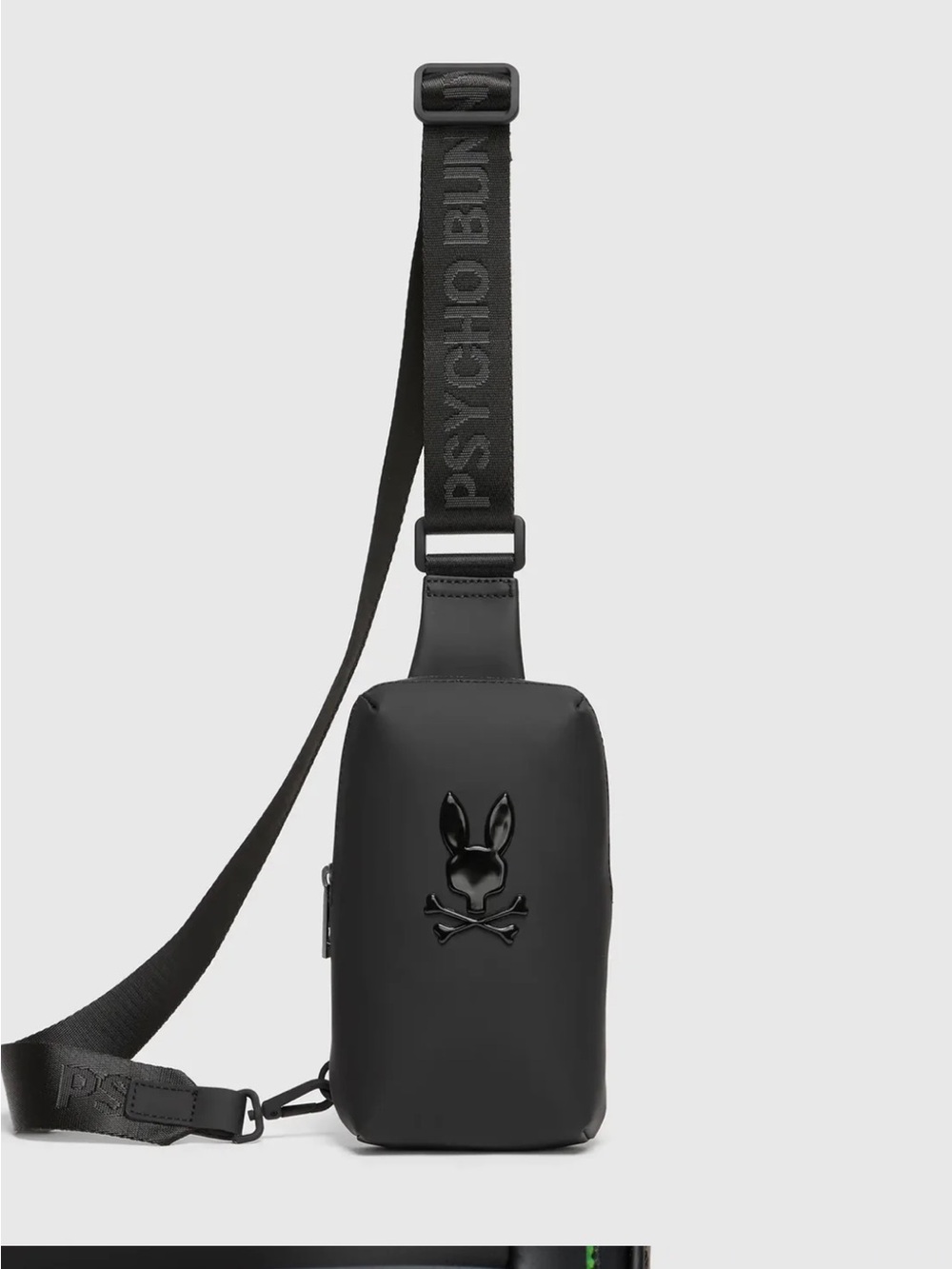 Psycho Bunny Black Crossbody Sling Bag with Neon Yellow Zip and smooth.
